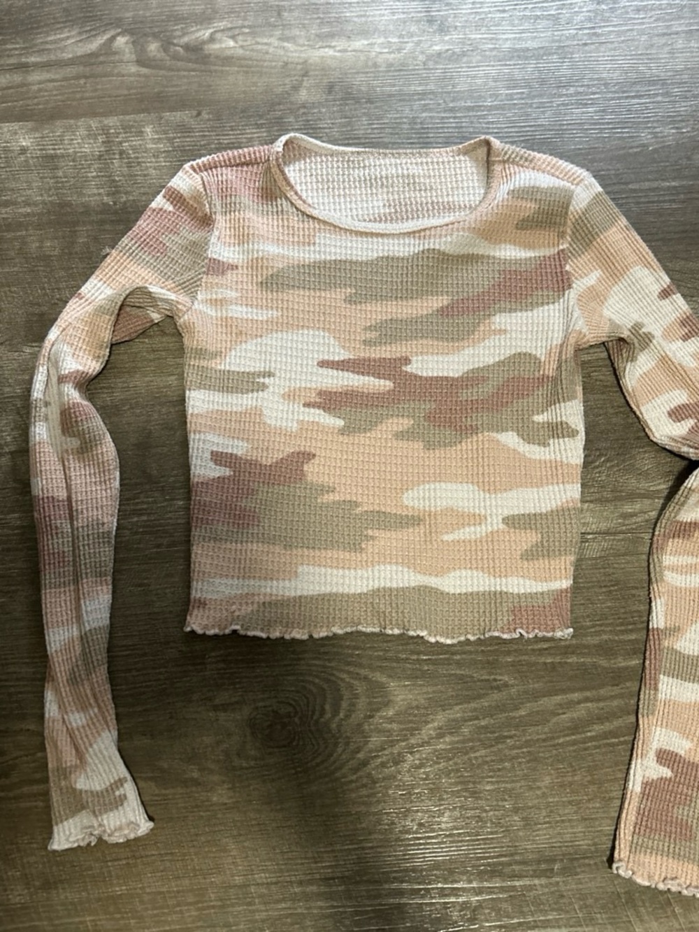 American Eagle Women’s Camouflage Waffle Knit Long Sleeve Top - Pink/Cream